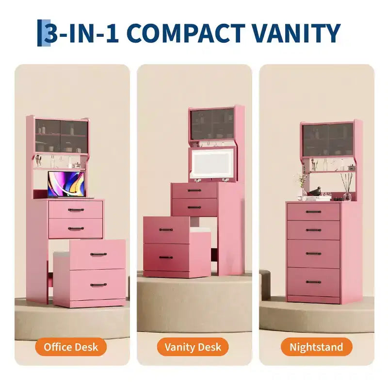 Comò compatto 3 in 1 in noce con specchio LED, sgabello con vano portaoggetti a scomparsa