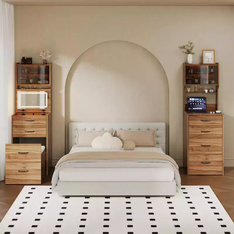 Comò compatto 3 in 1 in noce con specchio LED, sgabello con vano portaoggetti a scomparsa