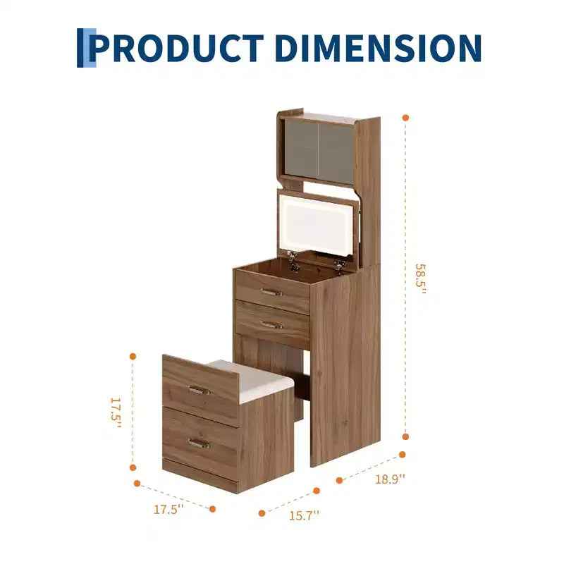 Comò compatto 3 in 1 in noce con specchio LED, sgabello con vano portaoggetti a scomparsa