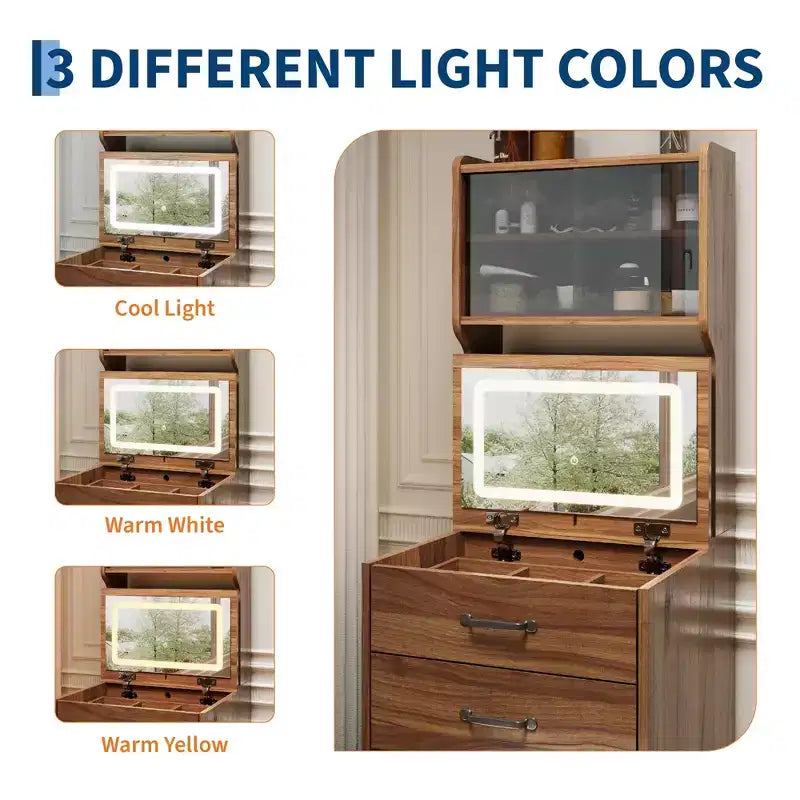 Comò compatto 3 in 1 in noce con specchio LED, sgabello con vano portaoggetti a scomparsa