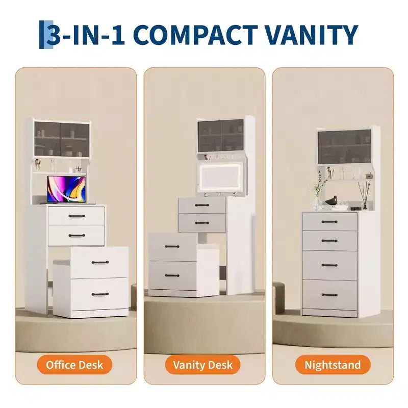 Comò compatto 3 in 1 in noce con specchio LED, sgabello con vano portaoggetti a scomparsa