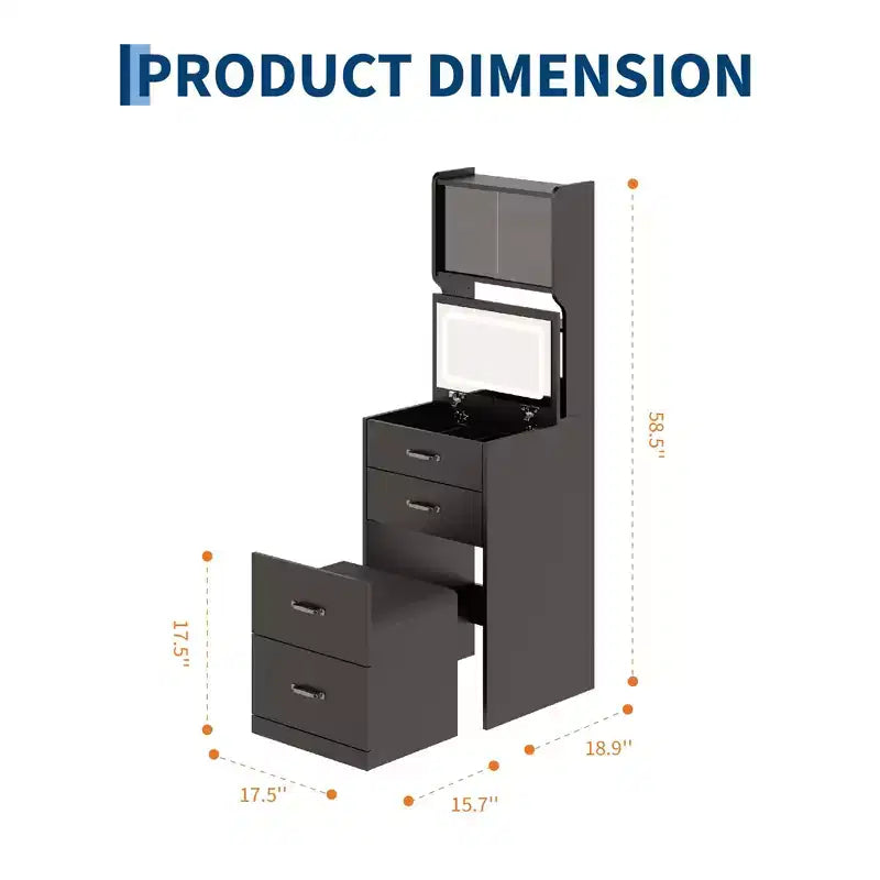 Comò compatto 3 in 1 in noce con specchio LED, sgabello con vano portaoggetti a scomparsa