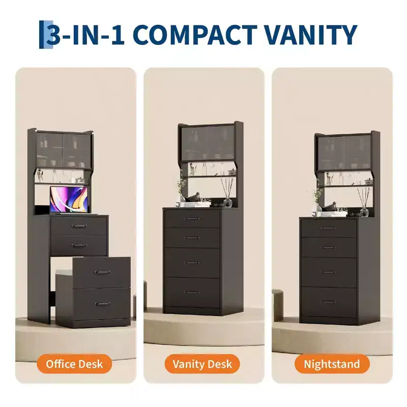 Comò compatto 3 in 1 in noce con specchio LED, sgabello con vano portaoggetti a scomparsa