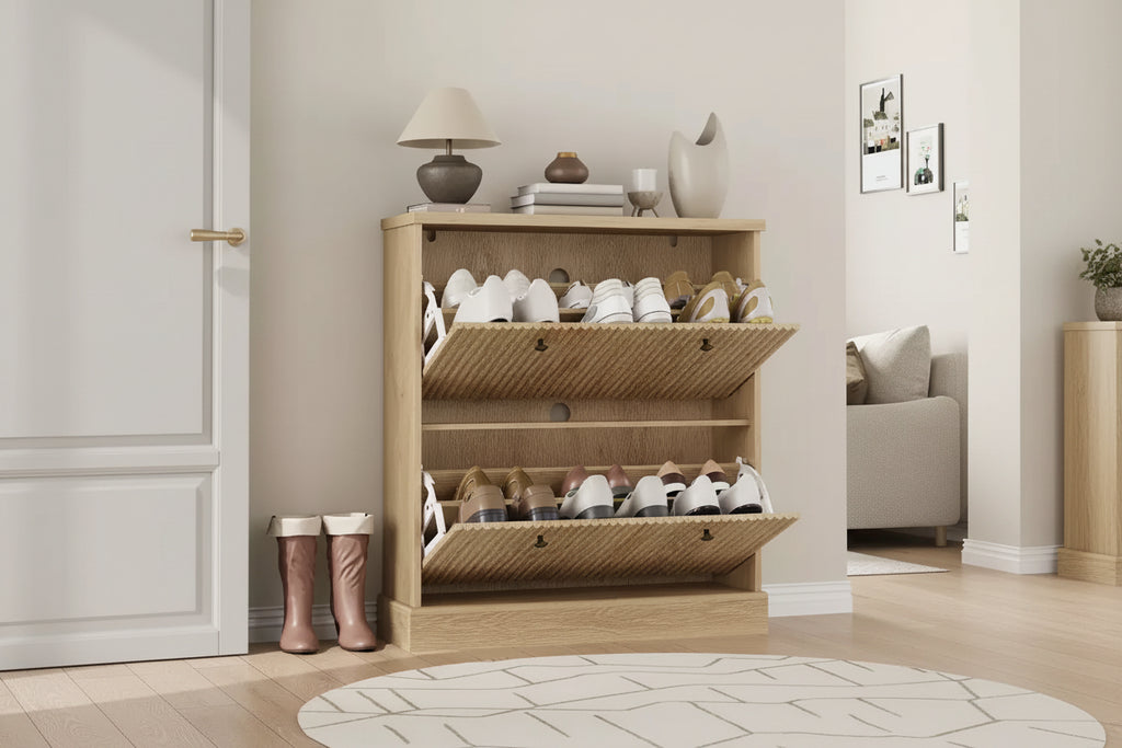Scarpiera con 2 cassetti a ribalta - Porta scarpe stretto scanalato per ingresso - Ripiani regolabili e rimovibili - Organizzatore di scarpe moderno indipendente