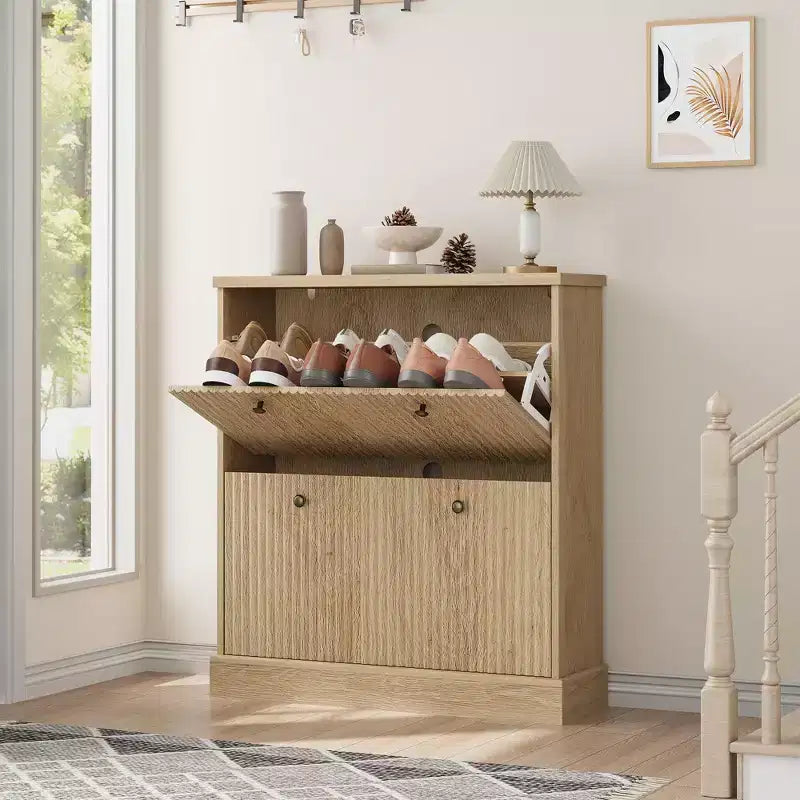 Scarpiera con 2 cassetti a ribalta - Porta scarpe stretto scanalato per ingresso - Ripiani regolabili e rimovibili - Organizzatore di scarpe moderno indipendente