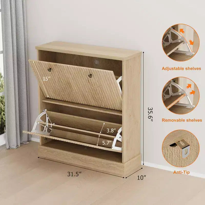 Scarpiera con 2 cassetti a ribalta - Porta scarpe stretto scanalato per ingresso - Ripiani regolabili e rimovibili - Organizzatore di scarpe moderno indipendente