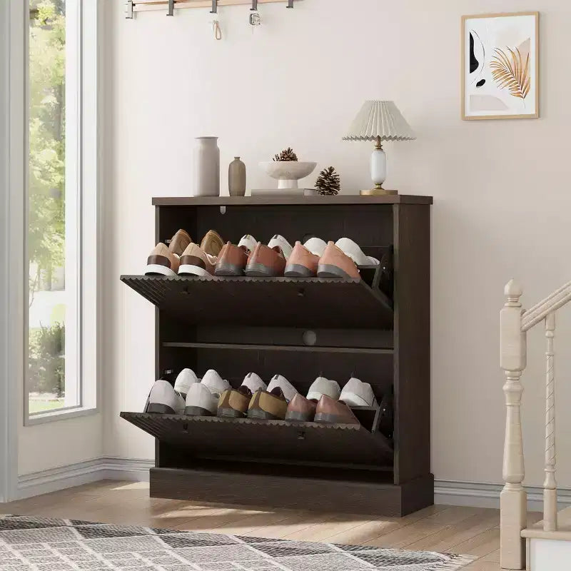 Scarpiera con 2 cassetti a ribalta - Porta scarpe stretto scanalato per ingresso - Ripiani regolabili e rimovibili - Organizzatore di scarpe moderno indipendente