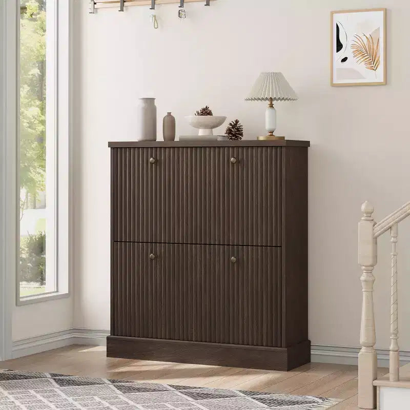 Scarpiera con 2 cassetti a ribalta - Porta scarpe stretto scanalato per ingresso - Ripiani regolabili e rimovibili - Organizzatore di scarpe moderno indipendente