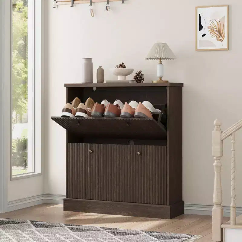 Scarpiera con 2 cassetti a ribalta - Porta scarpe stretto scanalato per ingresso - Ripiani regolabili e rimovibili - Organizzatore di scarpe moderno indipendente
