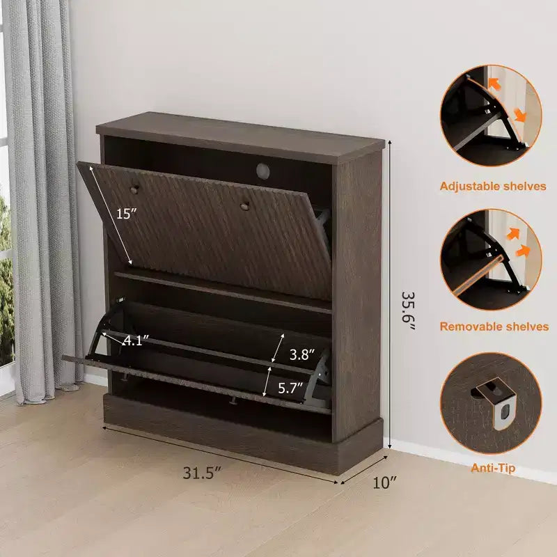 Scarpiera con 2 cassetti a ribalta - Porta scarpe stretto scanalato per ingresso - Ripiani regolabili e rimovibili - Organizzatore di scarpe moderno indipendente