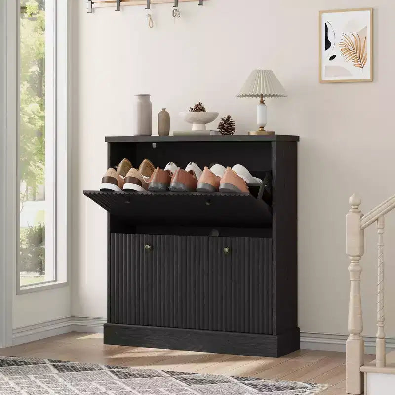Scarpiera con 2 cassetti a ribalta - Porta scarpe stretto scanalato per ingresso - Ripiani regolabili e rimovibili - Organizzatore di scarpe moderno indipendente