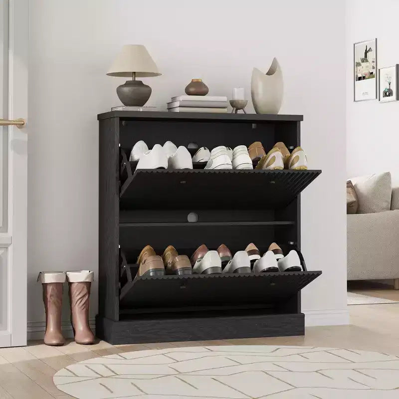 Scarpiera con 2 cassetti a ribalta - Porta scarpe stretto scanalato per ingresso - Ripiani regolabili e rimovibili - Organizzatore di scarpe moderno indipendente