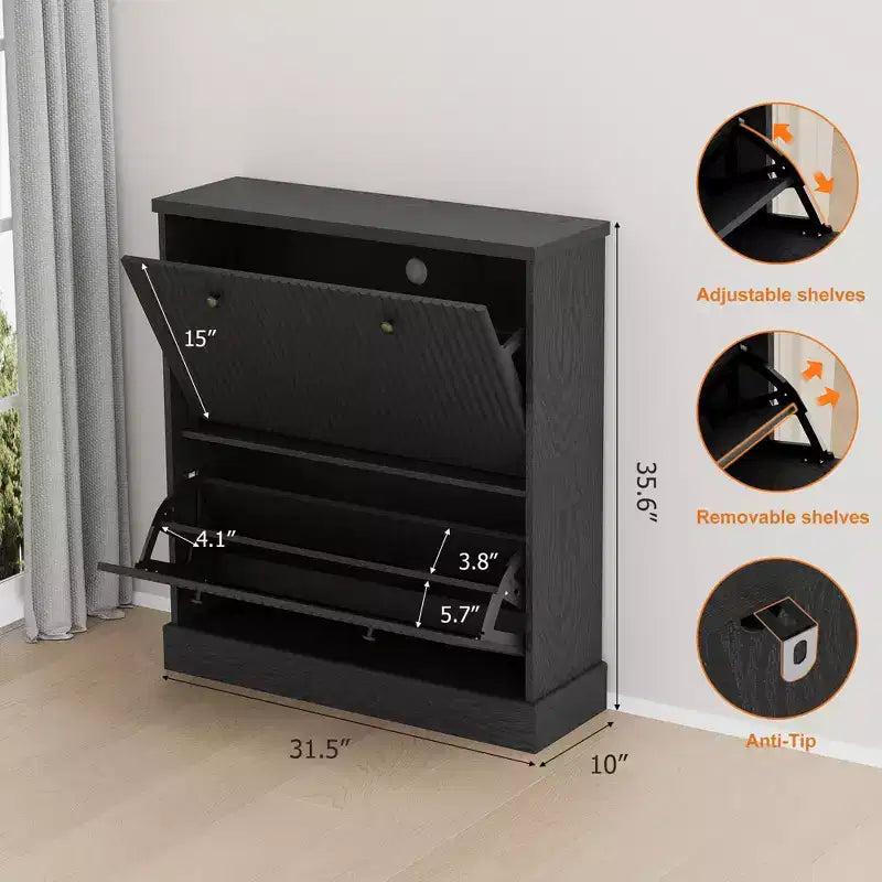Scarpiera con 2 cassetti a ribalta - Porta scarpe stretto scanalato per ingresso - Ripiani regolabili e rimovibili - Organizzatore di scarpe moderno indipendente