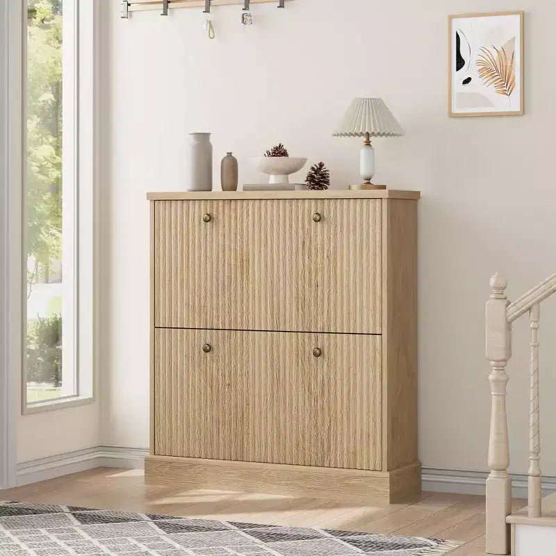 Scarpiera con 2 cassetti a ribalta - Porta scarpe stretto scanalato per ingresso - Ripiani regolabili e rimovibili - Organizzatore di scarpe moderno indipendente