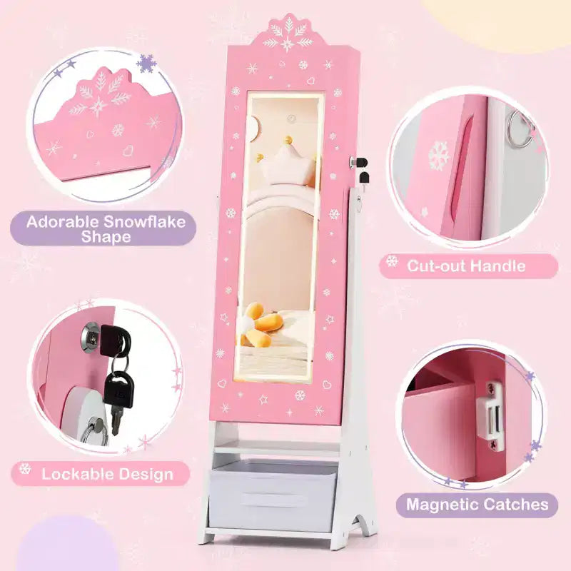 Portagioie per bambini con specchio a figura intera illuminato a 3 colori e luci LED interne Bianco/Rosa