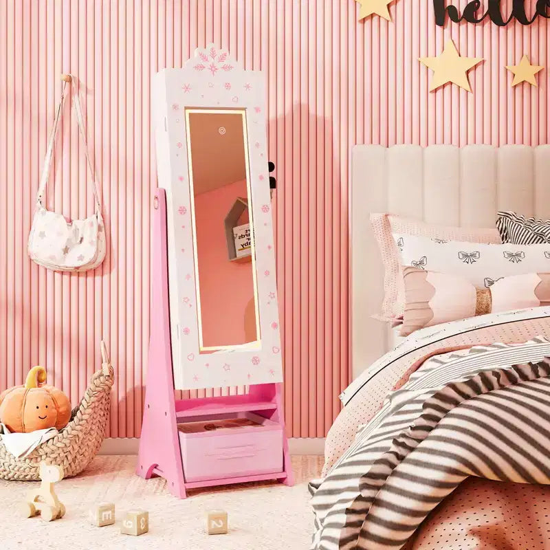 Portagioie per bambini con specchio a figura intera illuminato a 3 colori e luci LED interne Bianco/Rosa