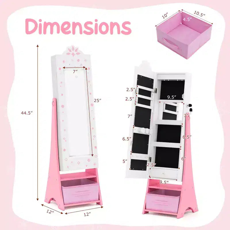 Portagioie per bambini con specchio a figura intera illuminato a 3 colori e luci LED interne Bianco/Rosa