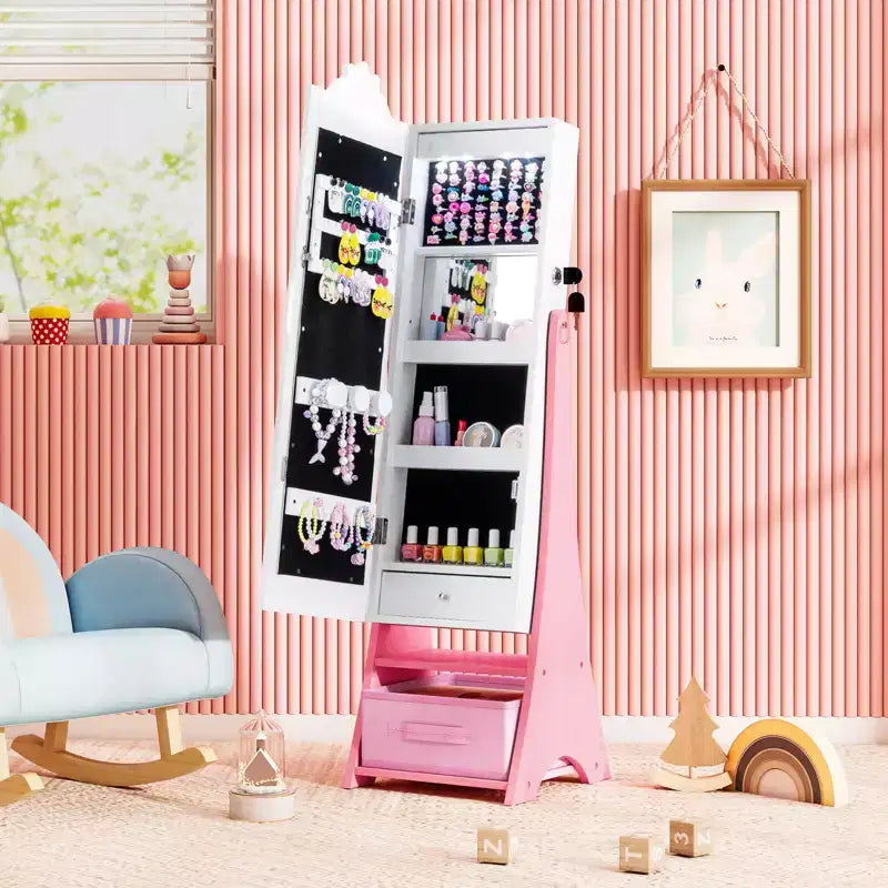Portagioie per bambini con specchio a figura intera illuminato a 3 colori e luci LED interne Bianco/Rosa