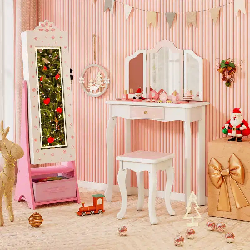 Portagioie per bambini con specchio a figura intera illuminato a 3 colori e luci LED interne Bianco/Rosa