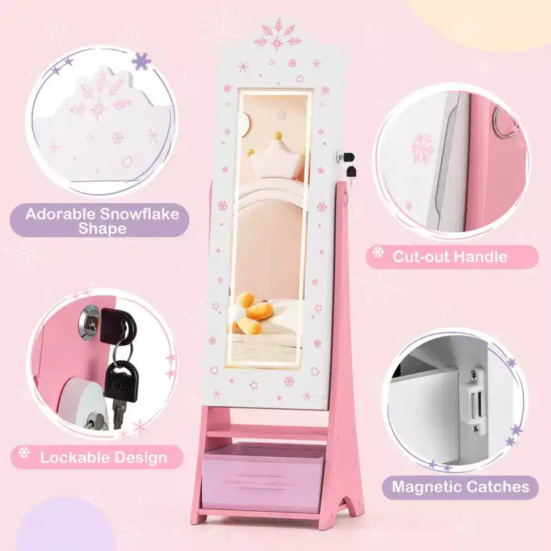 Portagioie per bambini con specchio a figura intera illuminato a 3 colori e luci LED interne Bianco/Rosa