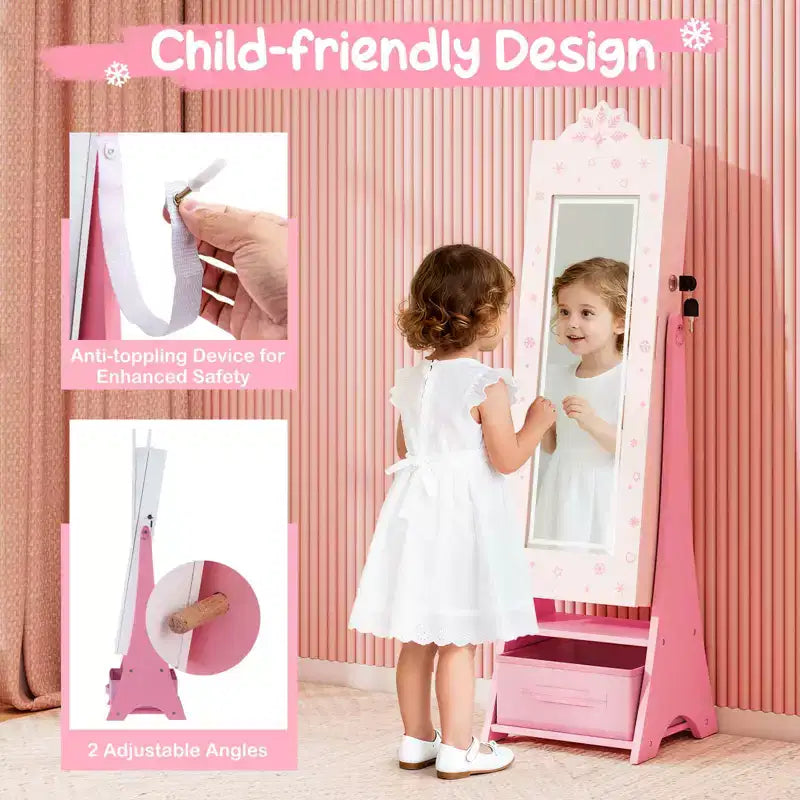Portagioie per bambini con specchio a figura intera illuminato a 3 colori e luci LED interne Bianco/Rosa