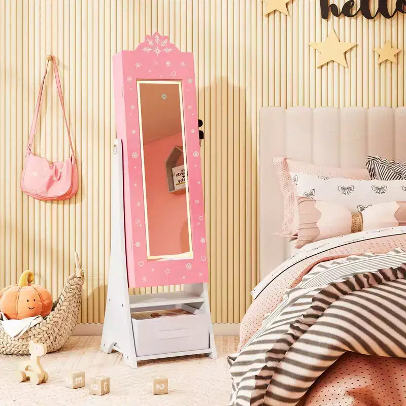 Portagioie per bambini con specchio a figura intera illuminato a 3 colori e luci LED interne Bianco/Rosa