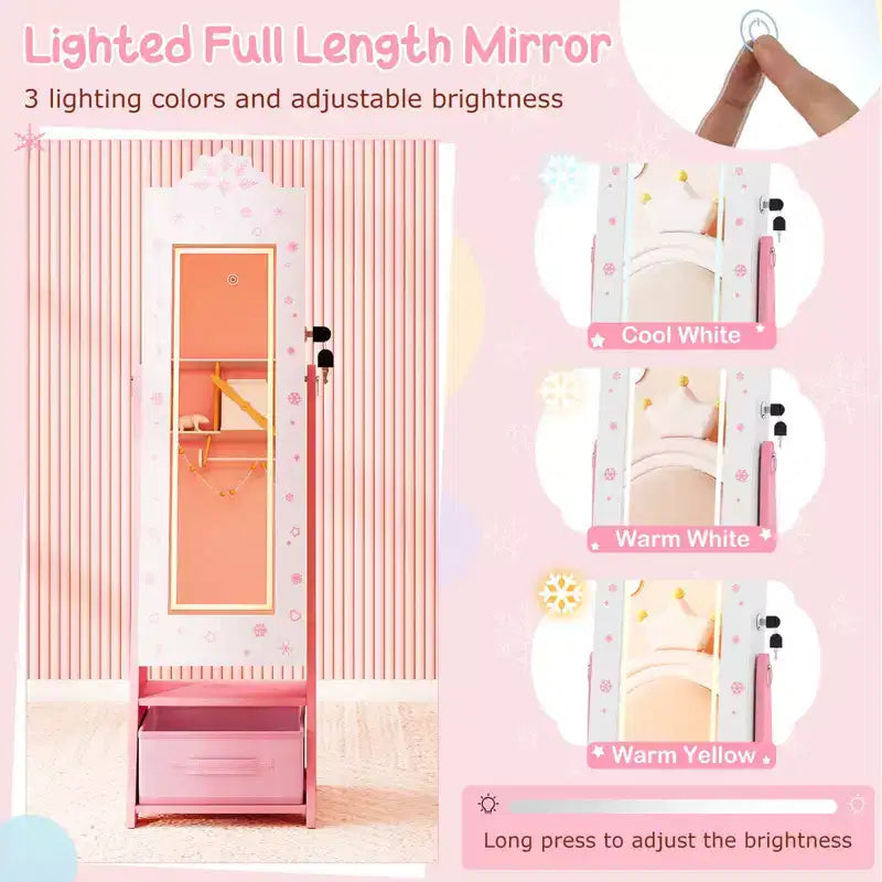 Portagioie per bambini con specchio a figura intera illuminato a 3 colori e luci LED interne Bianco/Rosa