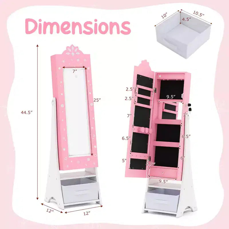 Portagioie per bambini con specchio a figura intera illuminato a 3 colori e luci LED interne Bianco/Rosa