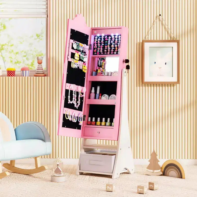 Portagioie per bambini con specchio a figura intera illuminato a 3 colori e luci LED interne Bianco/Rosa