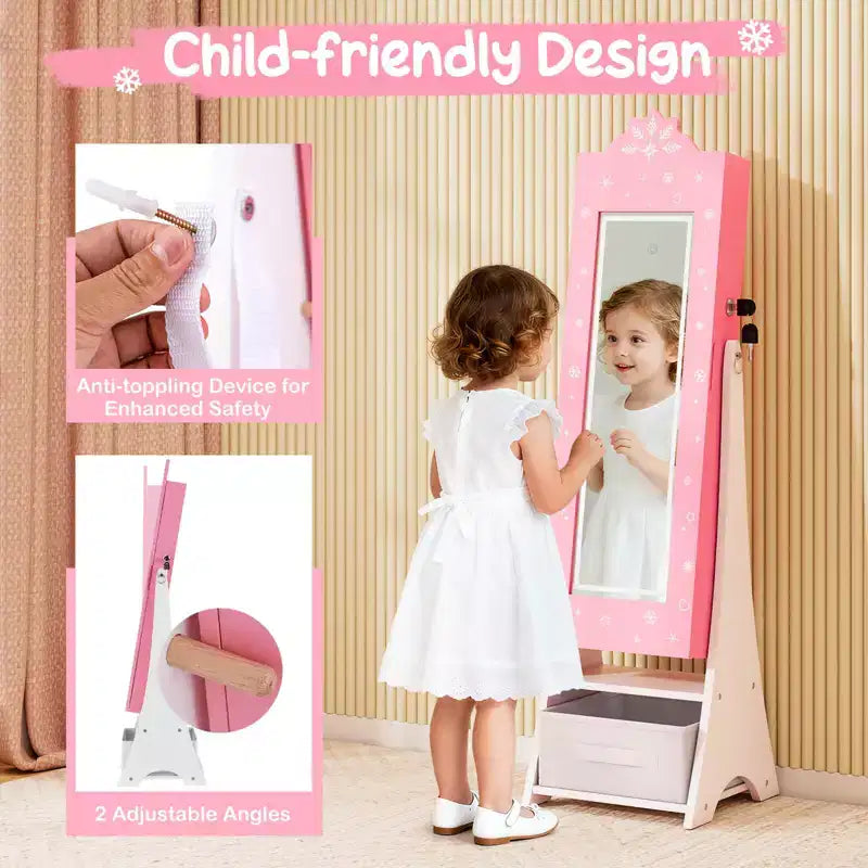 Portagioie per bambini con specchio a figura intera illuminato a 3 colori e luci LED interne Bianco/Rosa