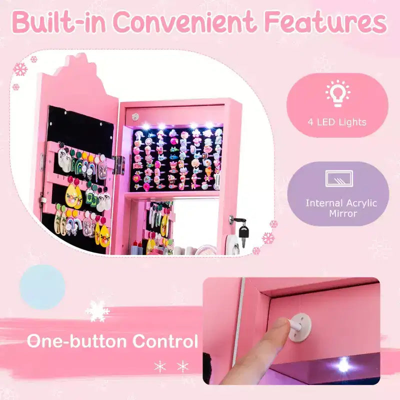 Portagioie per bambini con specchio a figura intera illuminato a 3 colori e luci LED interne Bianco/Rosa