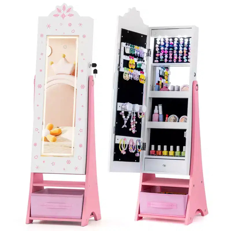 Portagioie per bambini con specchio a figura intera illuminato a 3 colori e luci LED interne Bianco/Rosa