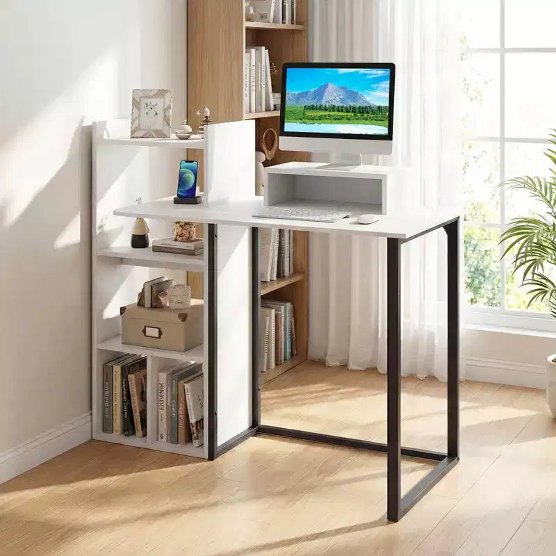 Scrivania per computer con stazione di ricarica 110,5 cm, Scrivania da studio con supporto ergonomico per monitor Bianco e Nero
