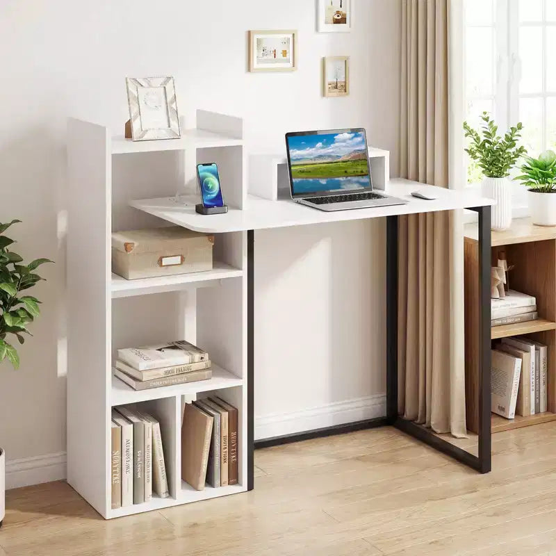 Scrivania per computer con stazione di ricarica 110,5 cm, Scrivania da studio con supporto ergonomico per monitor Bianco e Nero