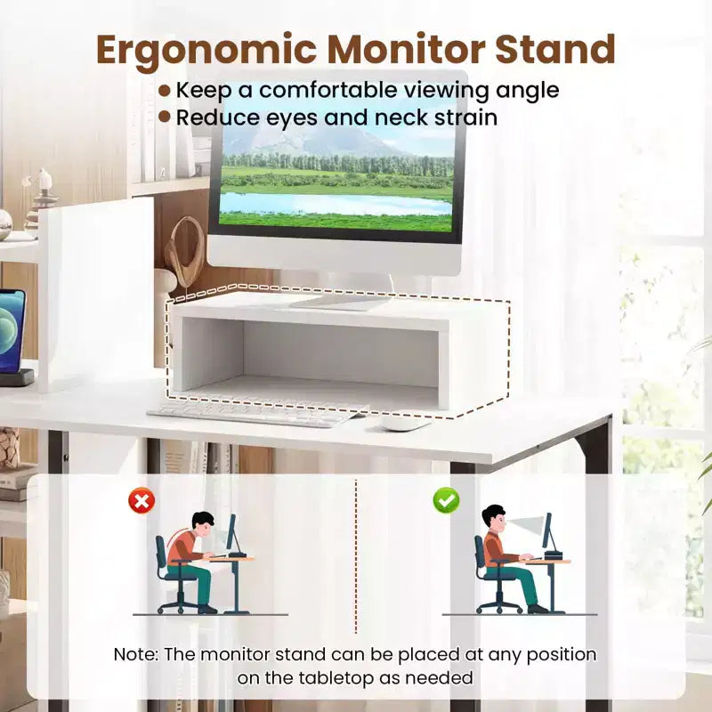 Scrivania per computer con stazione di ricarica 110,5 cm, Scrivania da studio con supporto ergonomico per monitor Bianco e Nero