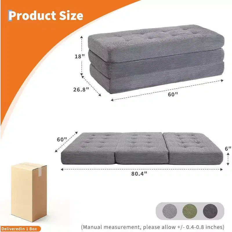 6 materassi pieghevoli a tre ante, 80,4x60 in schiuma, divano/letto per gli ospiti, velluto a coste trapuntato, portatile e di supporto per campeggio/soggiorno/camera da letto, grigio