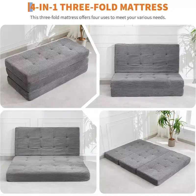 6 materassi pieghevoli a tre ante, 80,4x60 in schiuma, divano/letto per gli ospiti, velluto a coste trapuntato, portatile e di supporto per campeggio/soggiorno/camera da letto, grigio
