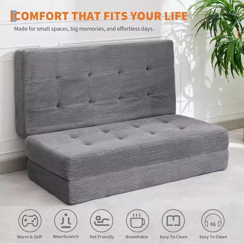 6 materassi pieghevoli a tre ante, 80,4x60 in schiuma, divano/letto per gli ospiti, velluto a coste trapuntato, portatile e di supporto per campeggio/soggiorno/camera da letto, grigio