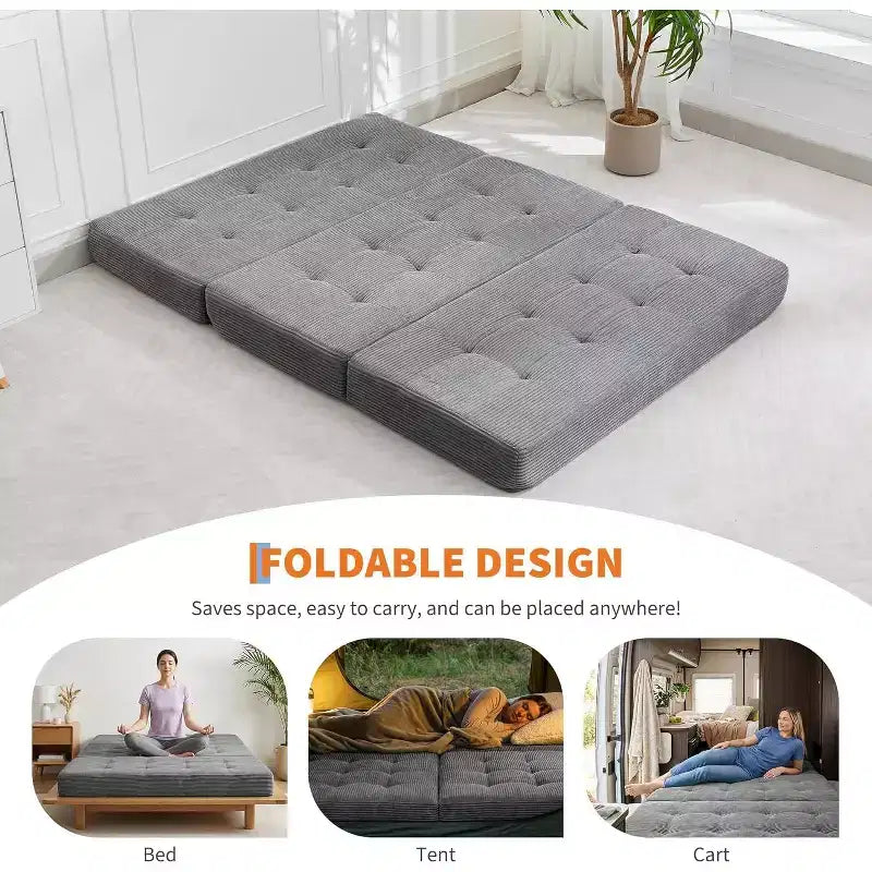 6 materassi pieghevoli a tre ante, 80,4x60 in schiuma, divano/letto per gli ospiti, velluto a coste trapuntato, portatile e di supporto per campeggio/soggiorno/camera da letto, grigio