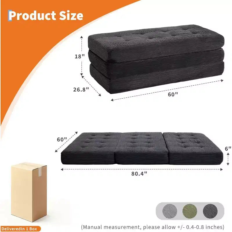 6 materassi pieghevoli a tre ante, 80,4x60 in schiuma, divano/letto per gli ospiti, velluto a coste trapuntato, portatile e di supporto per campeggio/soggiorno/camera da letto, grigio