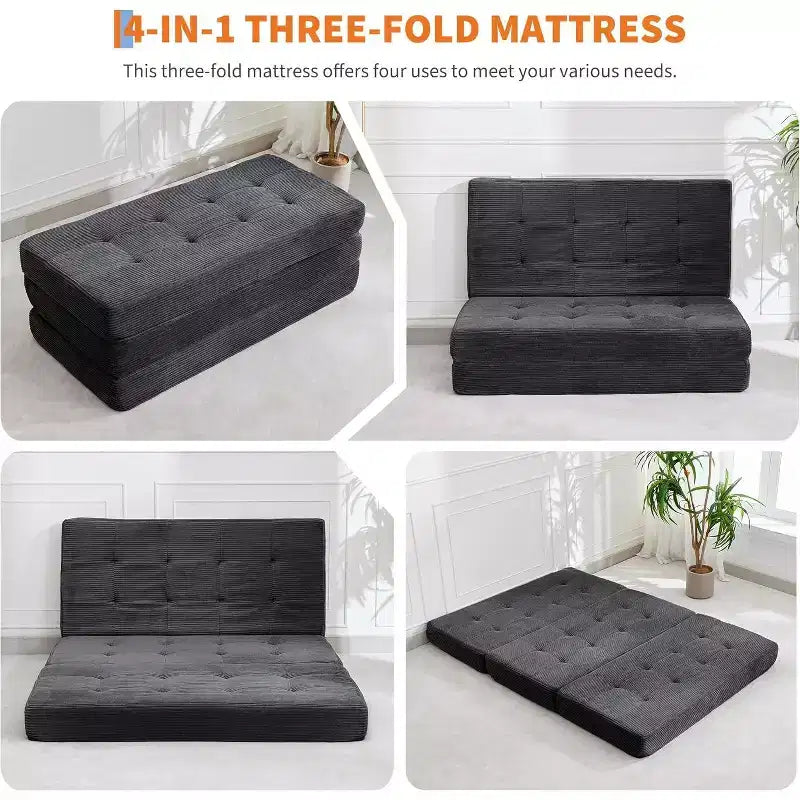 6 materassi pieghevoli a tre ante, 80,4x60 in schiuma, divano/letto per gli ospiti, velluto a coste trapuntato, portatile e di supporto per campeggio/soggiorno/camera da letto, grigio
