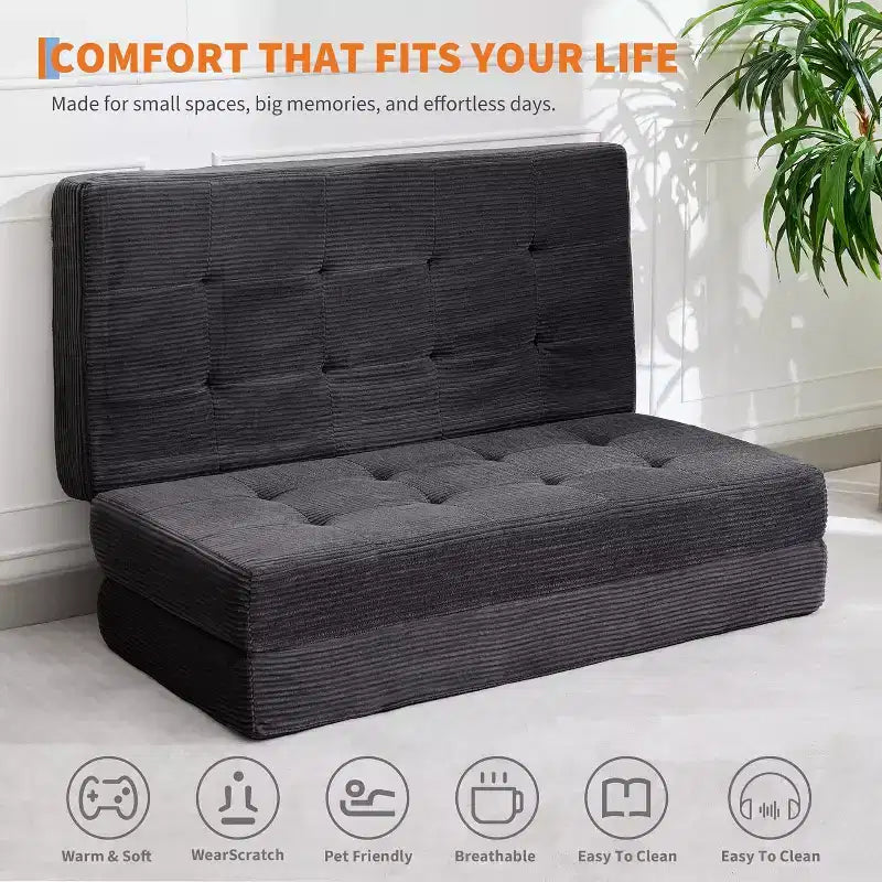 6 materassi pieghevoli a tre ante, 80,4x60 in schiuma, divano/letto per gli ospiti, velluto a coste trapuntato, portatile e di supporto per campeggio/soggiorno/camera da letto, grigio