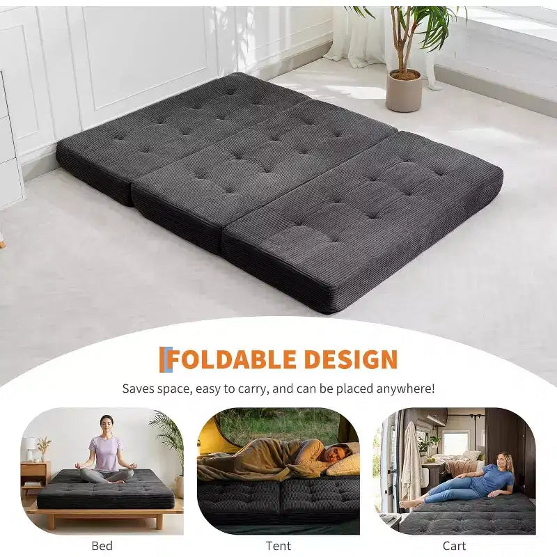 6 materassi pieghevoli a tre ante, 80,4x60 in schiuma, divano/letto per gli ospiti, velluto a coste trapuntato, portatile e di supporto per campeggio/soggiorno/camera da letto, grigio