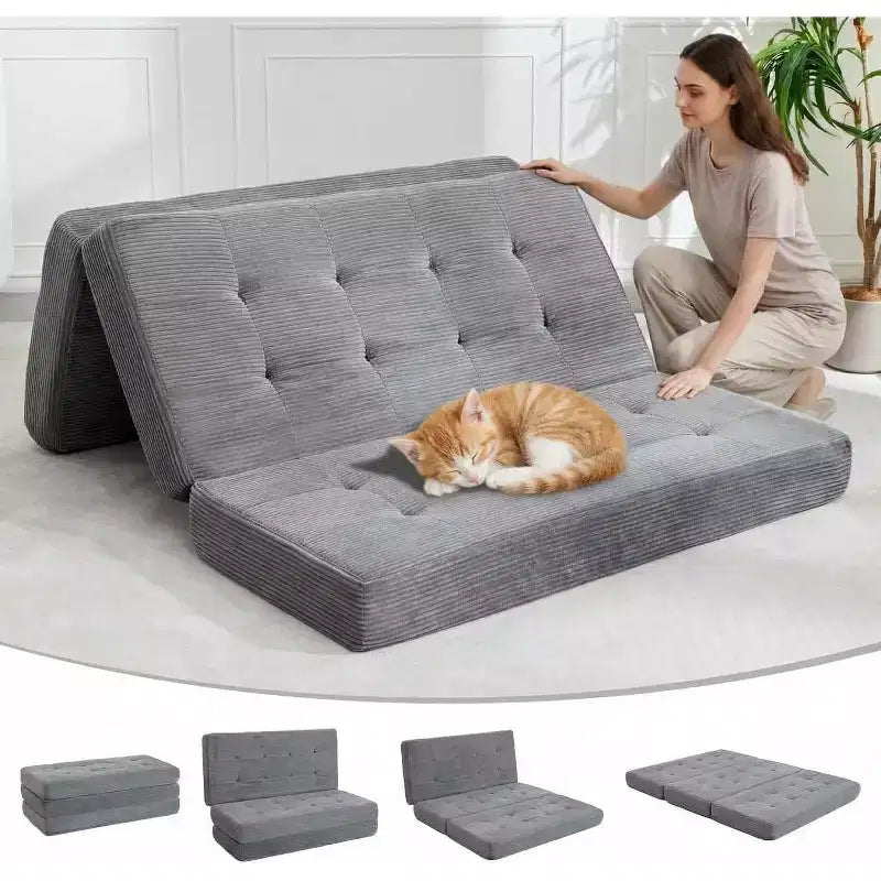 6 materassi pieghevoli a tre ante, 80,4x60 in schiuma, divano/letto per gli ospiti, velluto a coste trapuntato, portatile e di supporto per campeggio/soggiorno/camera da letto, grigio