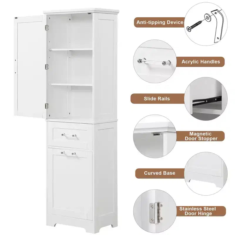 Mobiletto da bagno alto, Mobiletto autoportante con due cassetti e ripiani regolabili