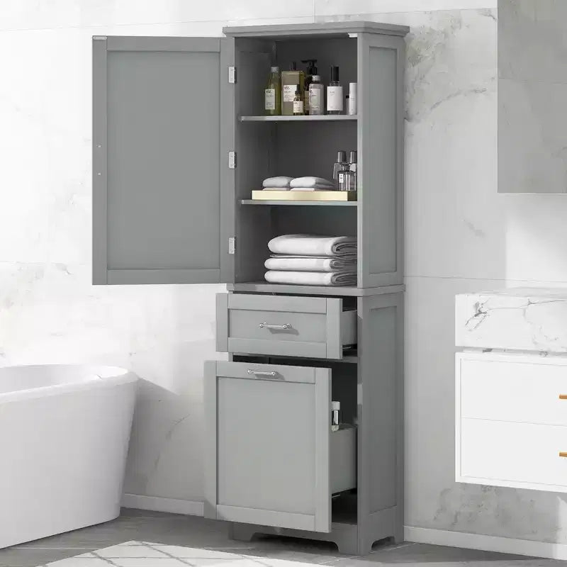 Mobiletto da bagno alto, Mobiletto autoportante con due cassetti e ripiani regolabili