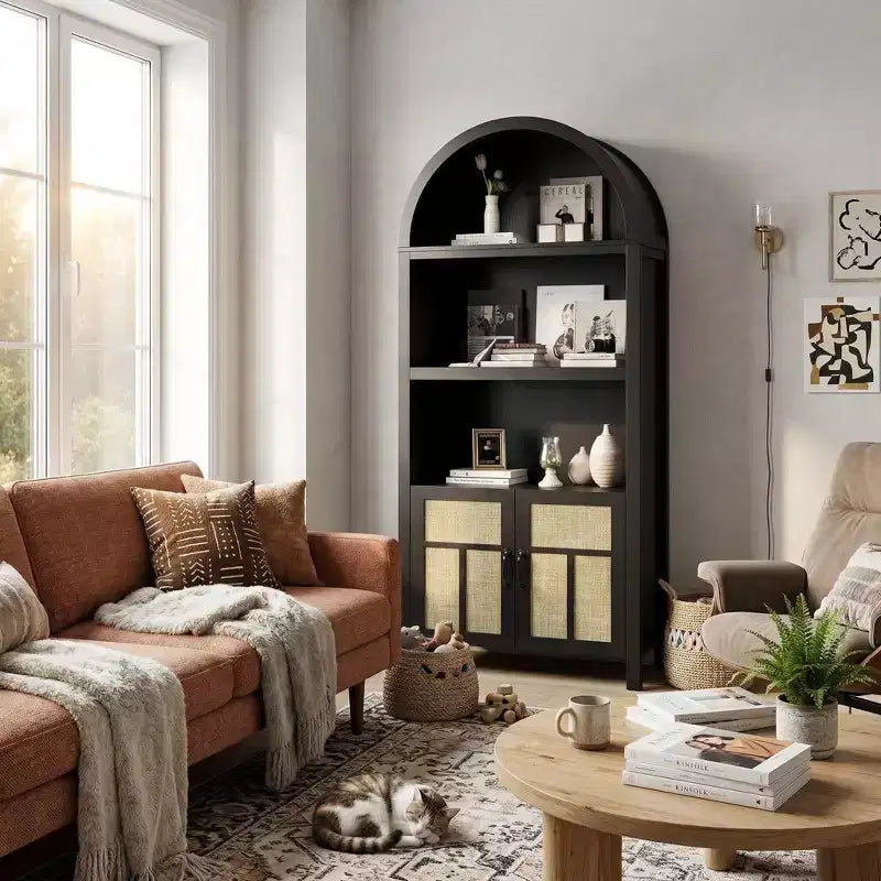 Libreria con ante in rattan ad arco, scaffale alto con vani portaoggetti per soggiorno, camera da letto, ingresso