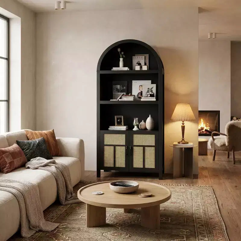 Libreria con ante in rattan ad arco, scaffale alto con vani portaoggetti per soggiorno, camera da letto, ingresso