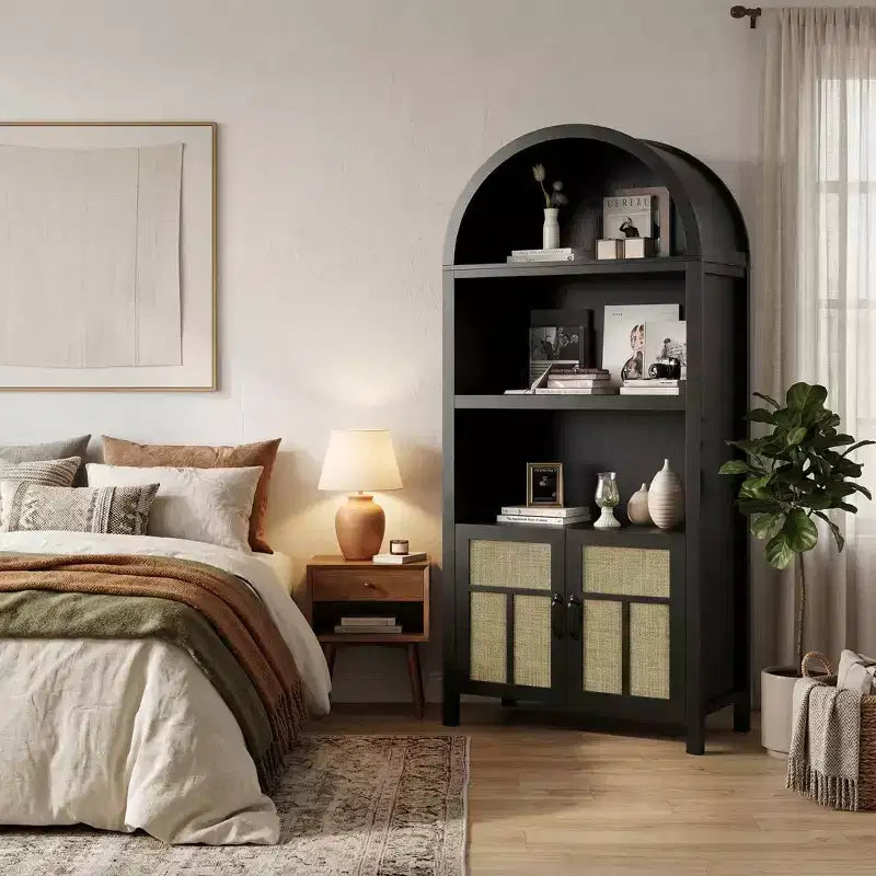 Libreria con ante in rattan ad arco, scaffale alto con vani portaoggetti per soggiorno, camera da letto, ingresso