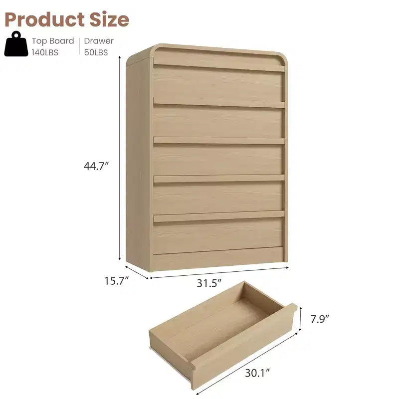 Comò in Legno a 5 Cassetti, Organizzatore di Stoccaggio dal Design Curvo per Camera da Letto, Soggiorno, Ingresso, Rovere Naturale